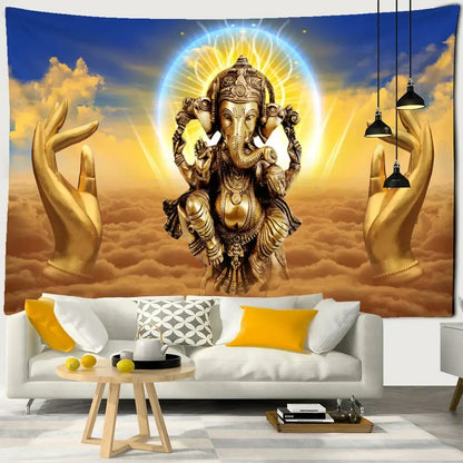 Golden ganesha elephant bergamot tapestry with intricate detailing and radiant halo for bedroom celestial decor