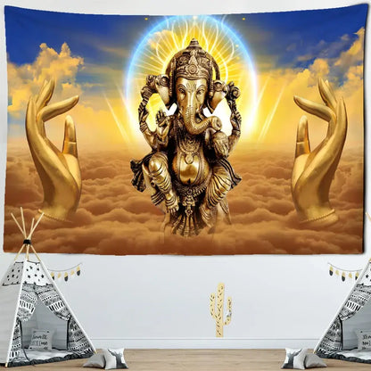 Golden ganesha elephant bergamot tapestry with intricate detailing radiant halo and cloud background for celestial bedroom decor