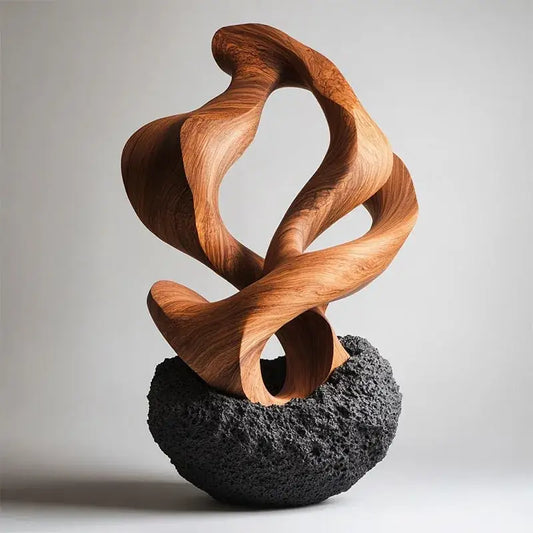 A rich warm-toned golden geometric tree hole wooden sculpture on a dark volcanic rock base for living room decorbites decor