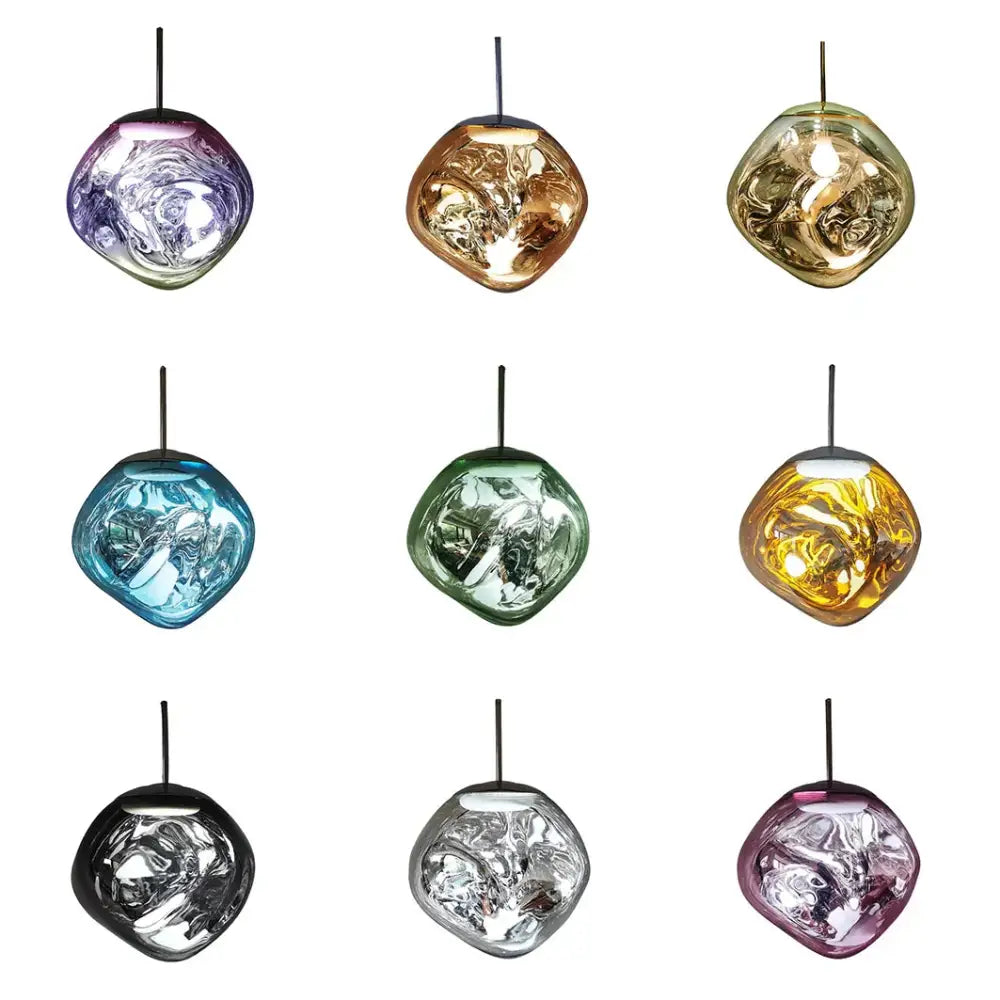 Golden glass lava led pendant light chandelier with vibrant iridescent decorbites glass lava in purple gold blue green silver hues