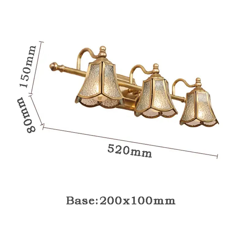 Gold-toned wall-mounted vanity light fixture with three textured frosted glass shades for decorbites golden glass mirror cabinet