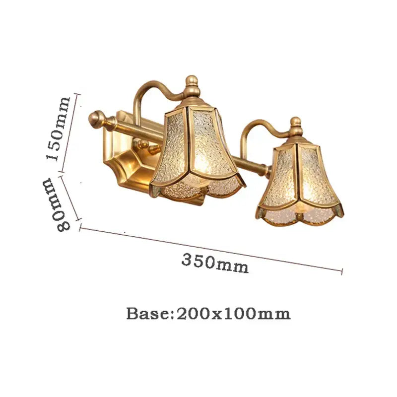 Gold-toned double-arm wall sconce with textured translucent glass shades for decorbites golden glass mirror cabinet light