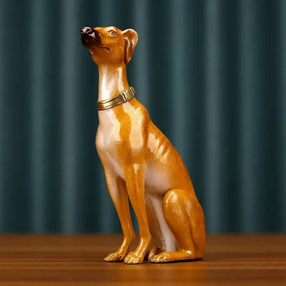 Golden greyhound metal sculpture handcrafted figurine with white paint and metallic collar for living room decor