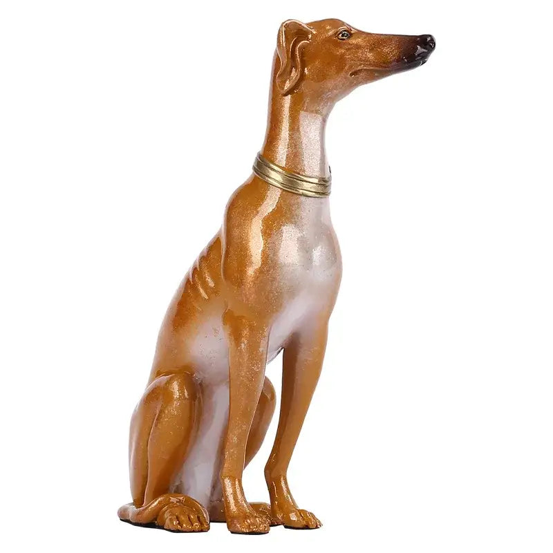 A glossy brown and white greyhound metal sculpture with a gold collar handcrafted for living room decor