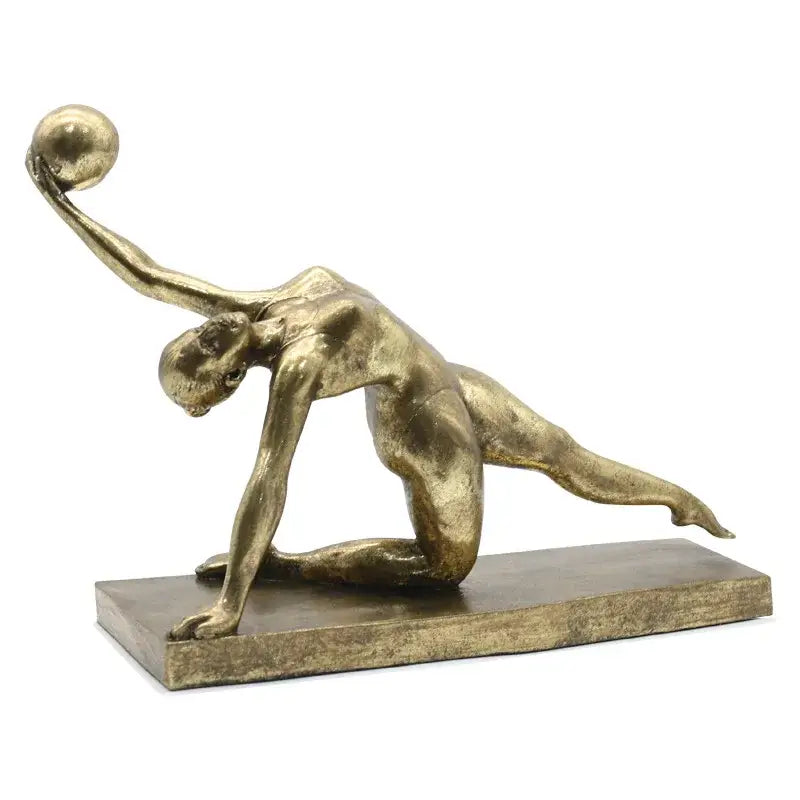 Golden gymnast figurine metallic sculpture balancing ball on one hand kneeling decorbites golden gymnast for living room decor