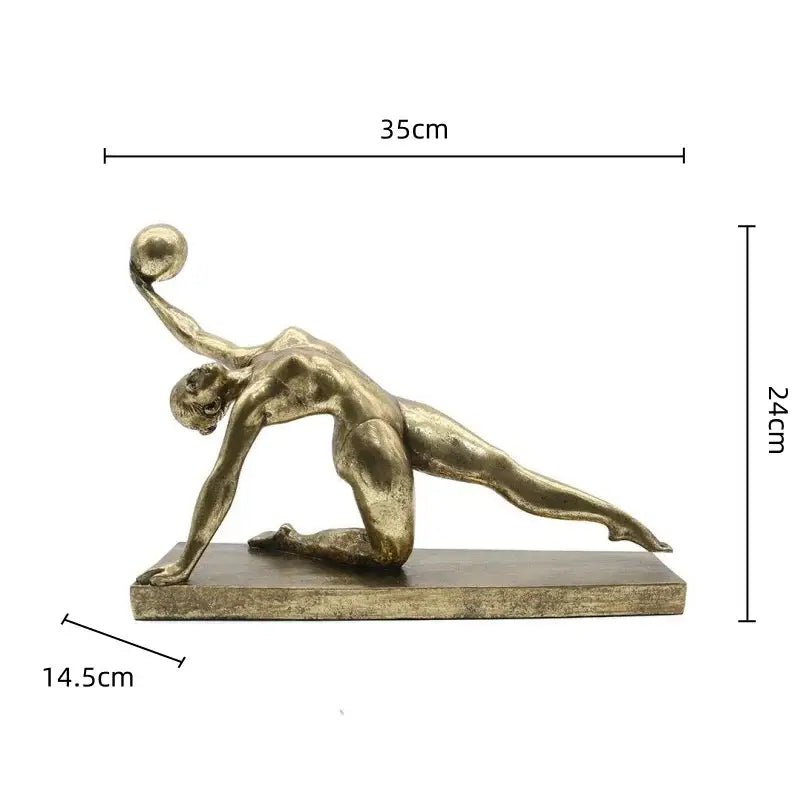Bronze-colored metallic golden gymnast figurine holding a ball above head perfect for decorbites living room decor