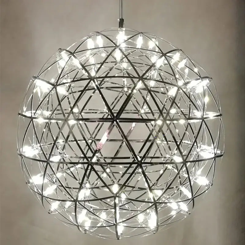 Shiny chrome spherical gypsophila sparkball pendant light with geometric wireframe and bright led lights for living room