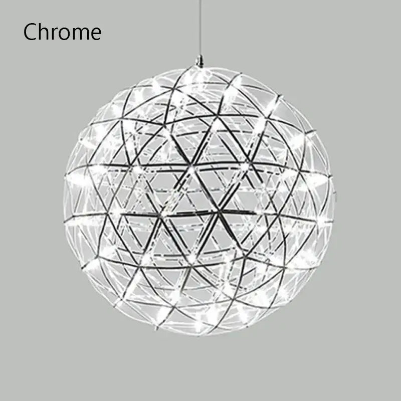 Chrome spherical gypsophila sparkball pendant light with geometric wireframe and embedded led sparkball pendant lights