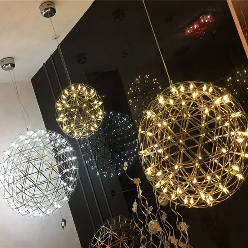 Golden gypsophila sparkball pendant lights with intricate wireframe and warm white led for living room chandelier