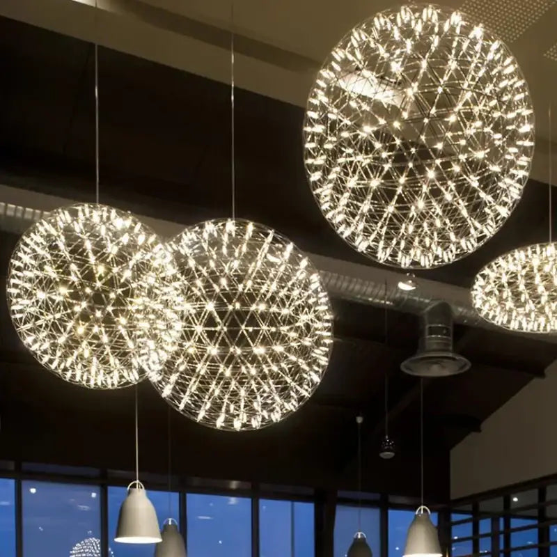 Golden gypsophila sparkball pendant lights with shimmering spherical wireframe design for living room chandelier