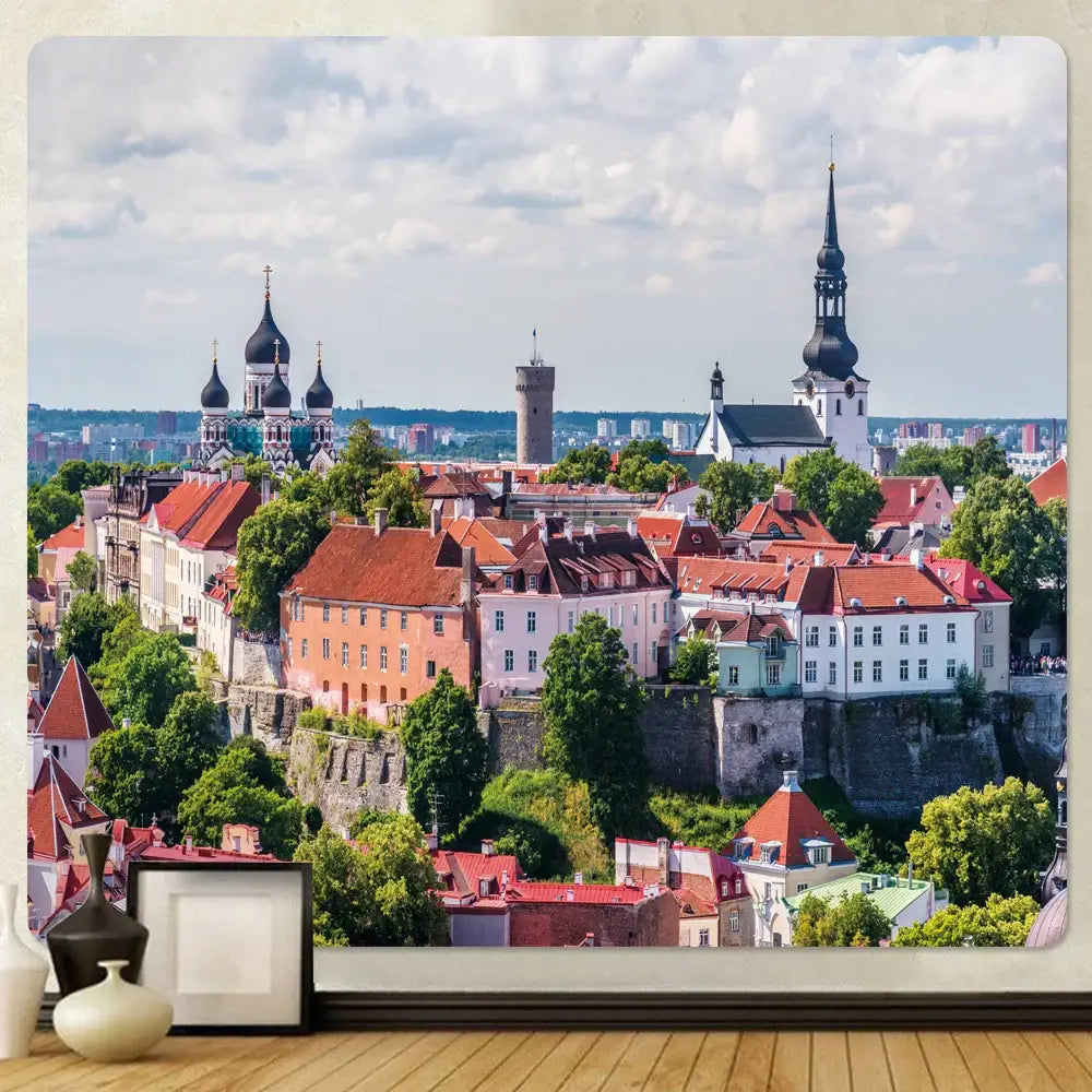 Rectangular decorbites golden hall psychedelic tapestry featuring a yellow and red european cityscape wall art design