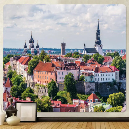 Rectangular decorbites golden hall psychedelic tapestry featuring a yellow and red european cityscape wall art design