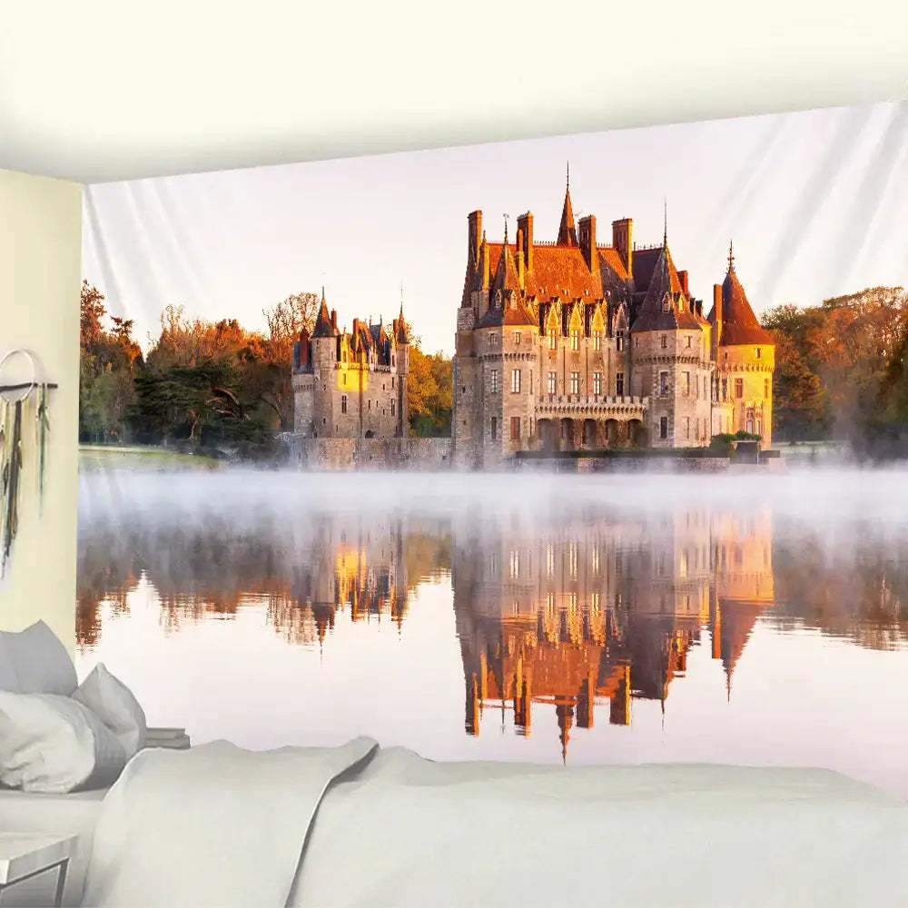 Beige castle tapestry featuring a multi-turreted chateau with red roofs and golden light for decorbites golden hall psychedelic wall art