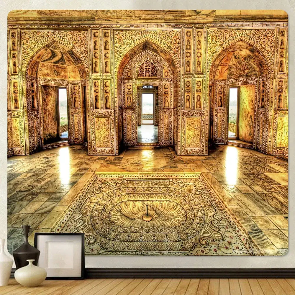 Golden ornate mughal-style hallway tapestry with arched doorways and central rug in decorbites golden hall psychedelic design