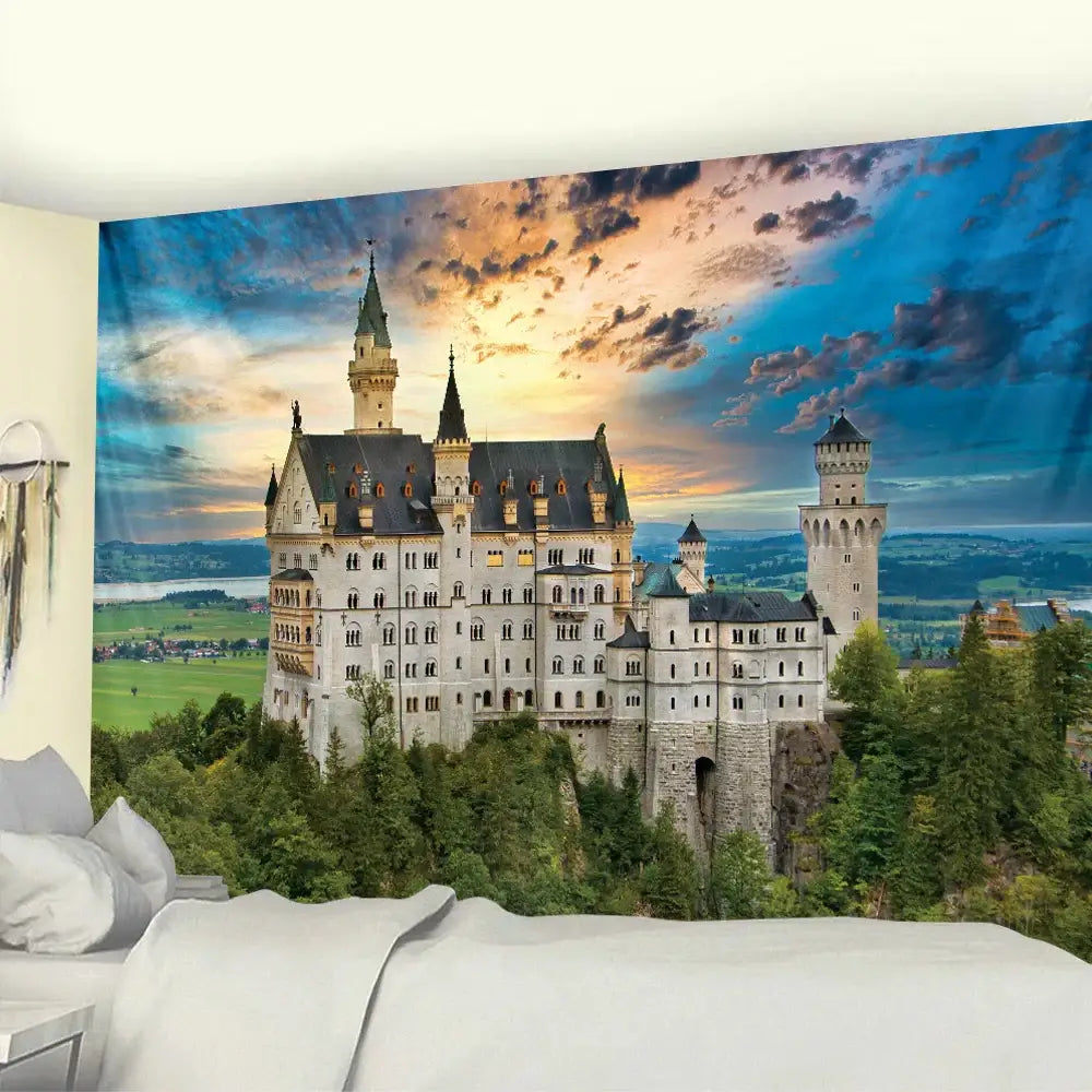 A vibrant yellow and red decorbites golden hall psychedelic tapestry depicting neuschwanstein castle at sunset for wall art