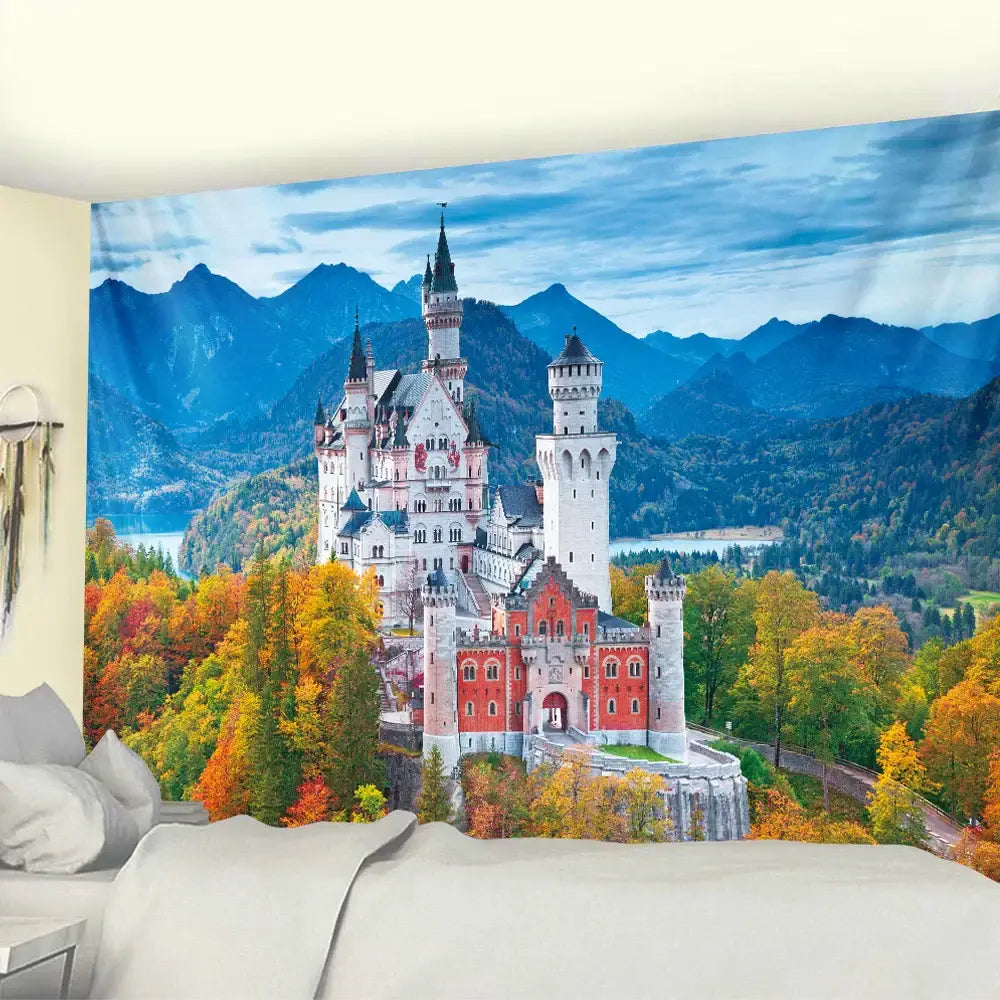 Vibrant decorbites golden hall psychedelic tapestry with neuschwanstein castle in yellow and red for living room wall art