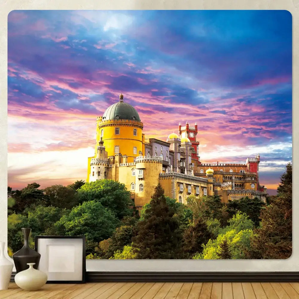 Vibrant yellow and red golden hall psychedelic tapestry featuring a castle mural with a green dome for living room decorbites wall art