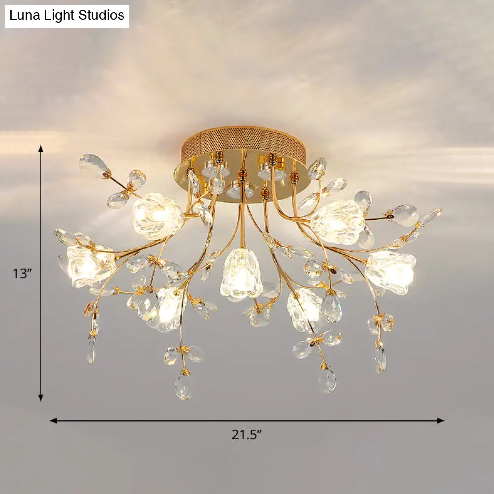 DecorBites™ DecorBites™ Golden Hand-Cut Crystal Semi Flush Mount Ceiling Fixture with 7 Lights for Sitting Room