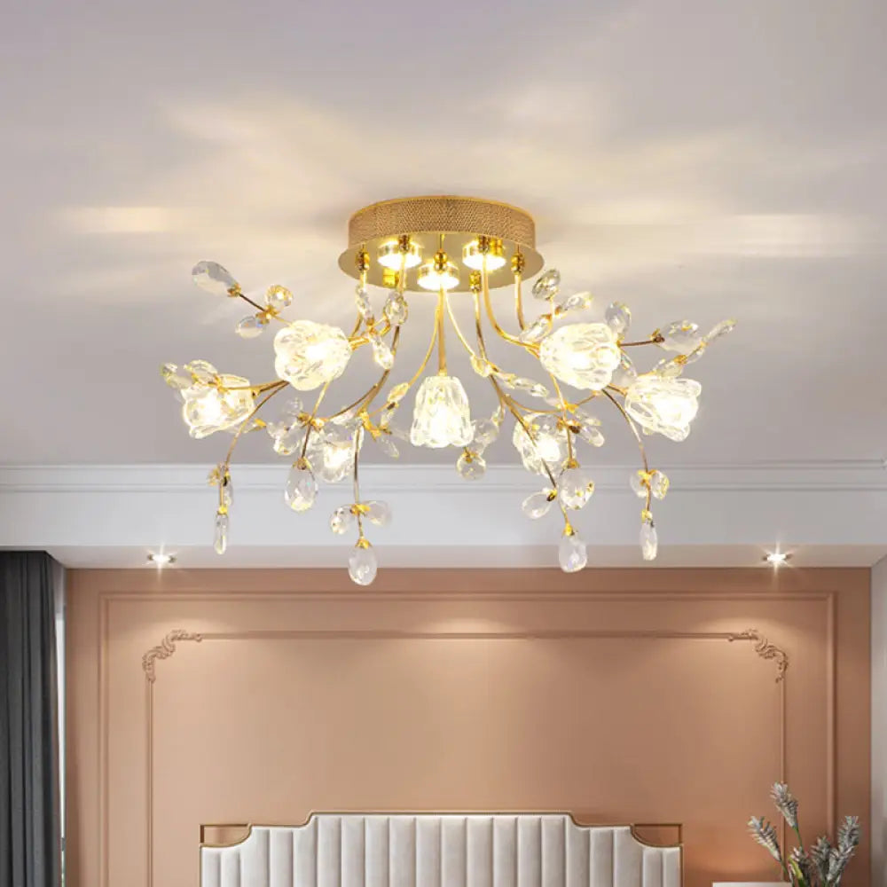 DecorBites™ DecorBites™ Golden Hand-Cut Crystal Semi Flush Mount Ceiling Fixture with 7 Lights for Sitting Room