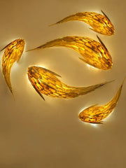Golden fish-shaped wall light with mosaic tiles handwoven bamboo led decorbites handwoven bamboo living room decor