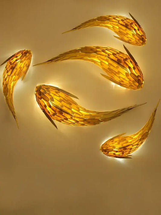 Golden fish-shaped wall light with mosaic tiles handwoven bamboo led decorbites handwoven bamboo living room decor