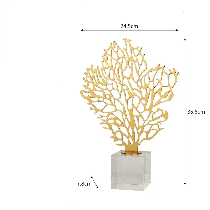 Gold-colored metallic hollow tree coral sculpture on clear acrylic base for decorbites golden hollow tree living room decor