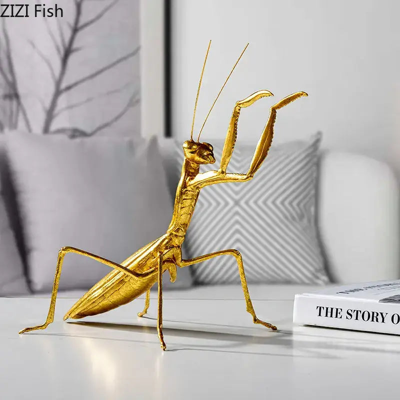 Golden metallic praying mantis insect statue with intricate detailing and slender limbs for decorbites golden honeybee insect decor