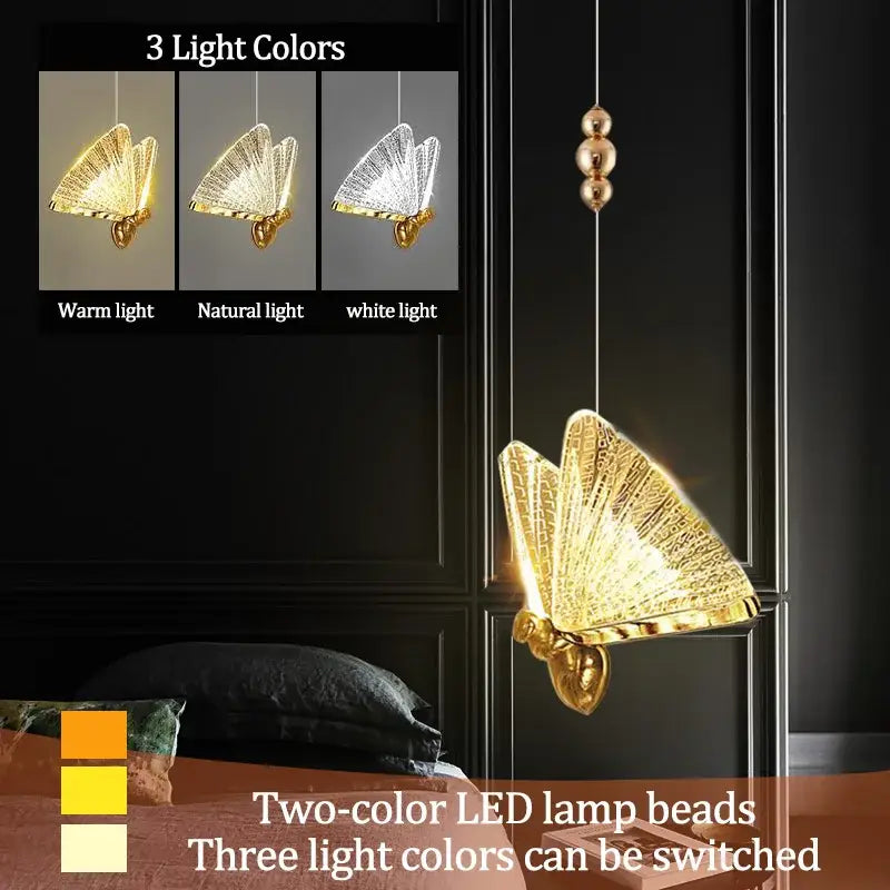 Golden iridescent butterfly pendant light with intricate two-color LED beads emitting warm, natural, or white light decorbites butterfly pendant