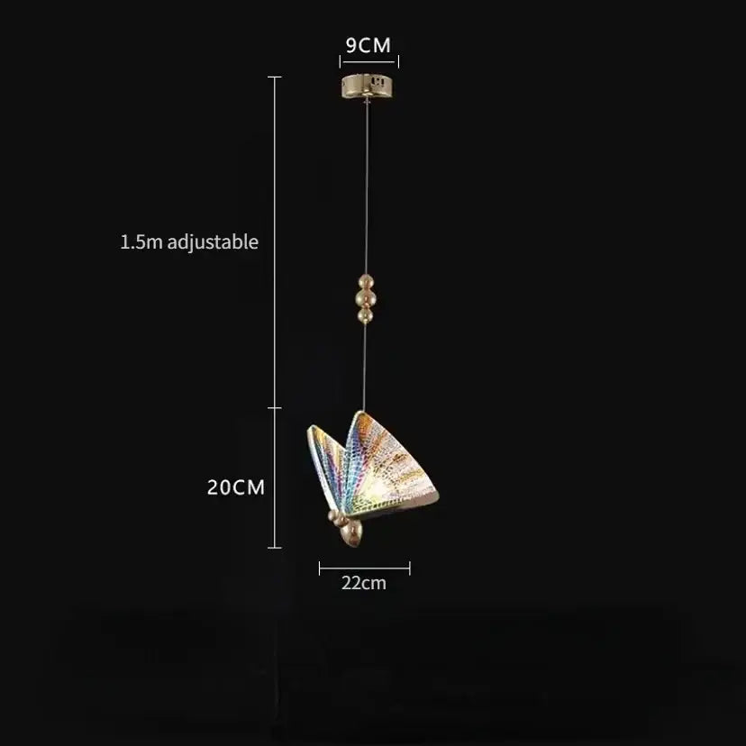 Golden iridescent crystal butterfly pendant lamp with multicolored wings and gold metal body for bedroom lighting
