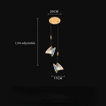 Golden iridescent crystal butterfly pendant lamp with two metallic-winged butterflies for bedroom lighting decorbites crystal butterfly