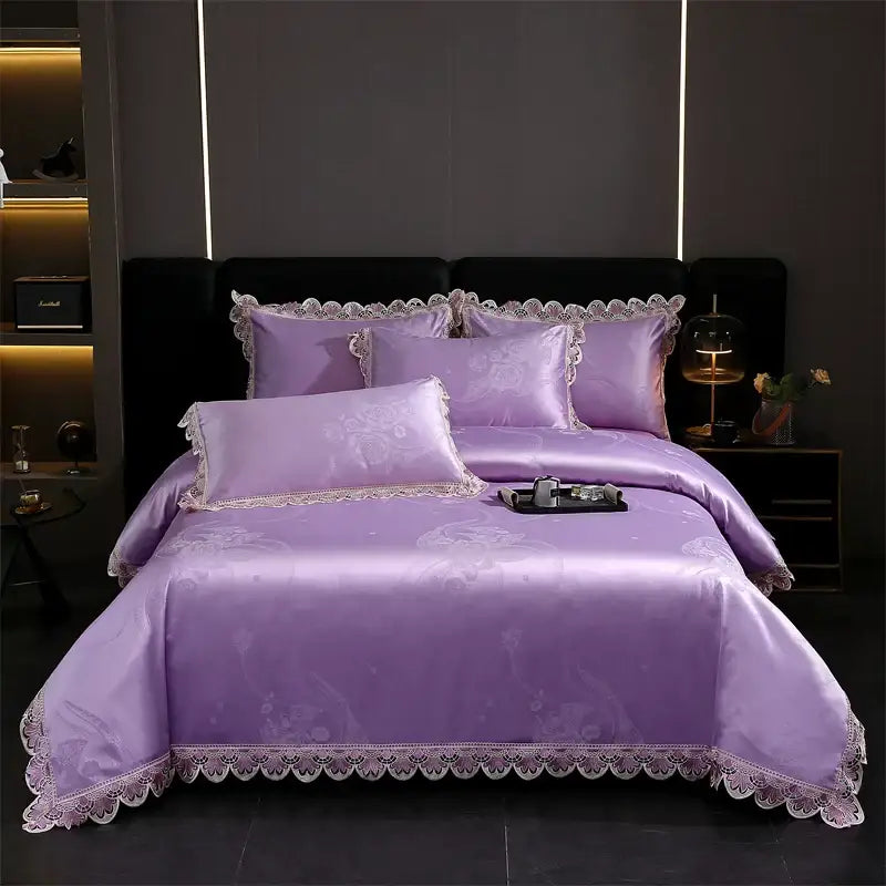 Lavender satin bedding set with delicate white lace trim and floral embroidery in decorbites golden jacquard cotton style