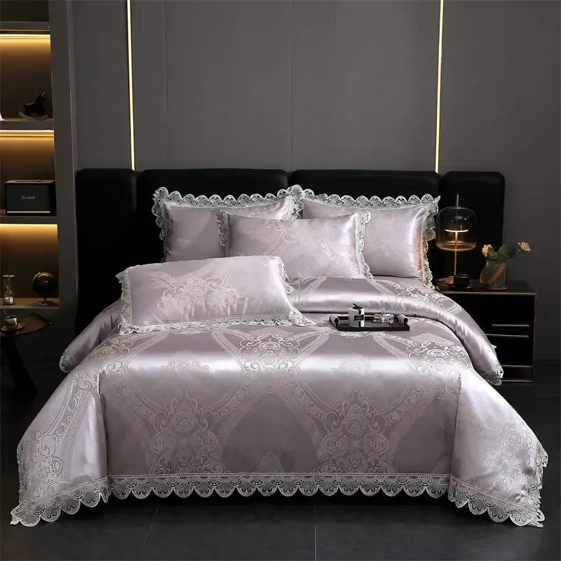 Luxe lavender satin bedding set with intricate white lace trim and floral embroidery in decorbites golden jacquard cotton