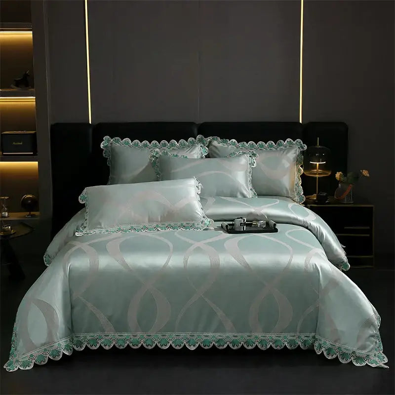 Light blue satin bedding set with green lace trim and gray patterns from decorbites golden jacquard cotton collection