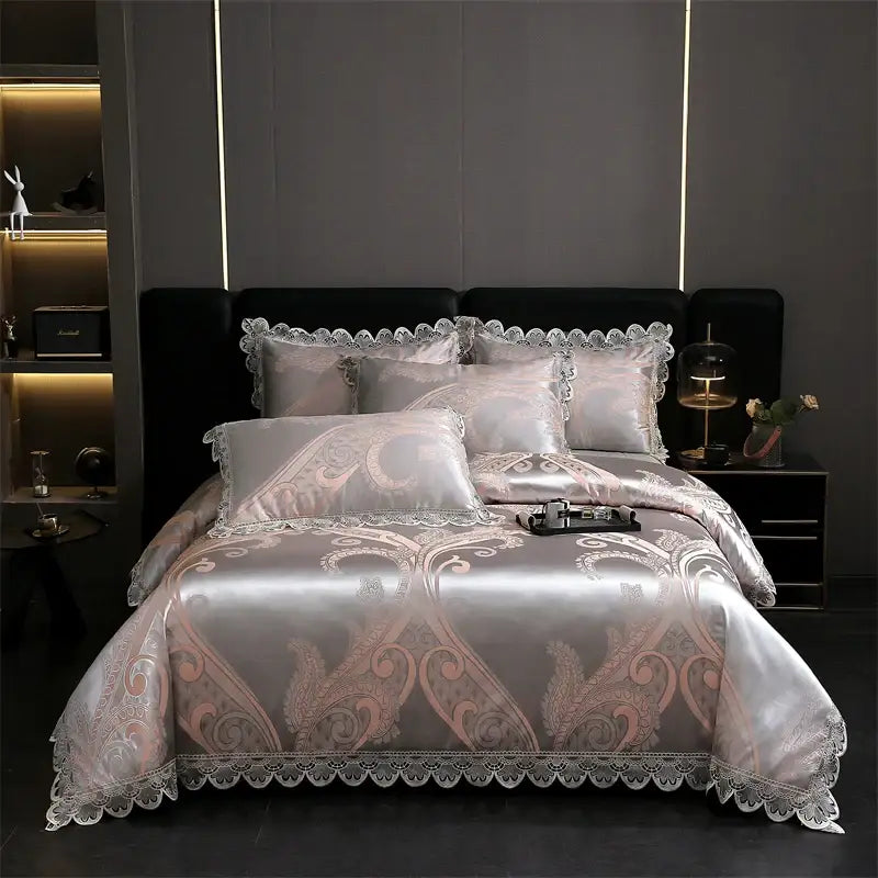 Silk satin bedding set with rose gold paisley patterns and white lace trim from decorbites golden jacquard cotton collection