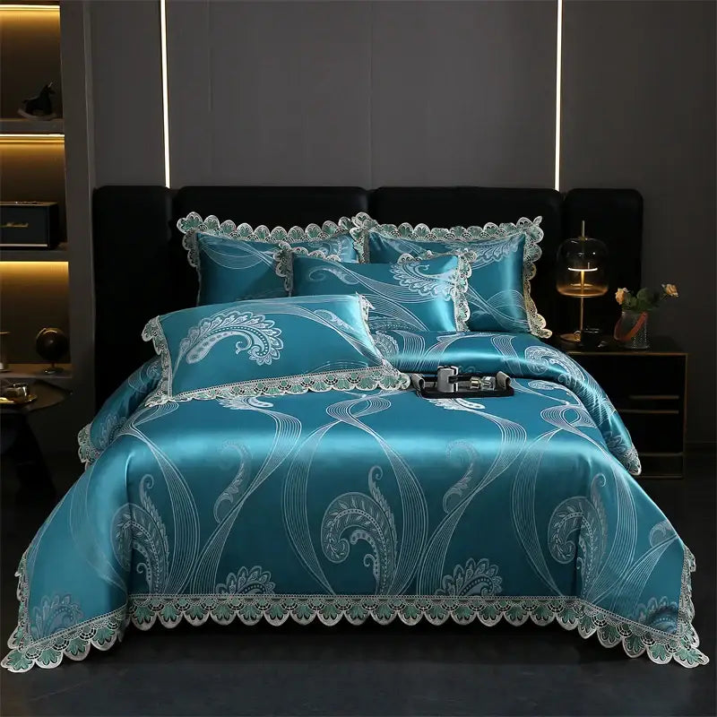 Teal satin bedding set with intricate white paisley patterns and lace trim from decorbites golden jacquard cotton collection