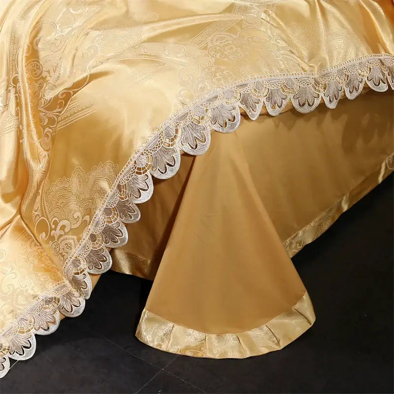 Golden jacquard cotton bedding set with a golden satin bedspread embroidered and trimmed with white lace decorbites golden jacquard