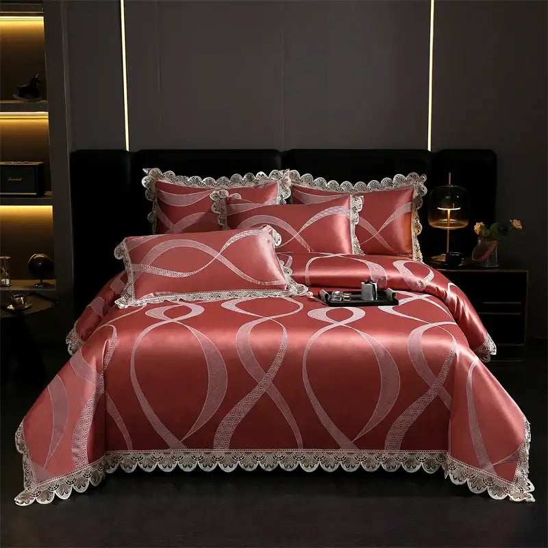 Elegant coral satin bedding set with white lace trim and flowing infinity pattern in decorbites golden jacquard cotton design