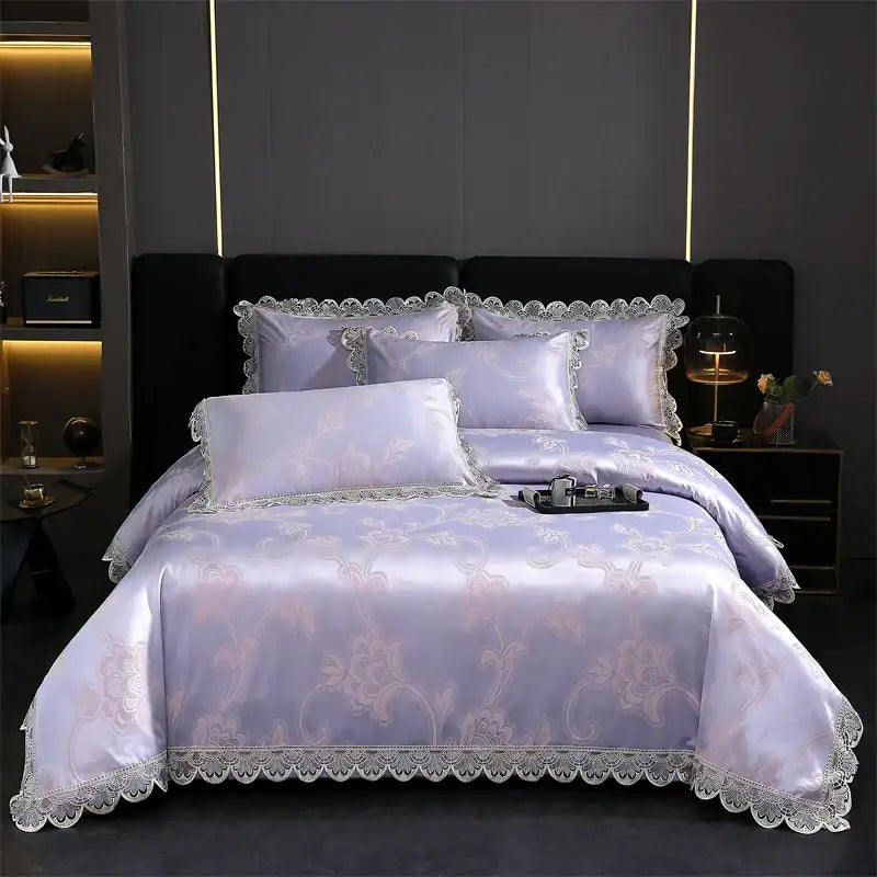 Lavender satin bedding set with floral embroidery and lace trim from decorbites golden jacquard cotton collection