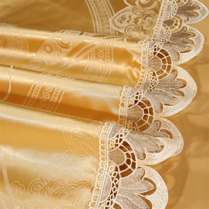 Golden jacquard cotton bedding set featuring a golden satin tablecloth with intricate white lace trim and embossed patterns