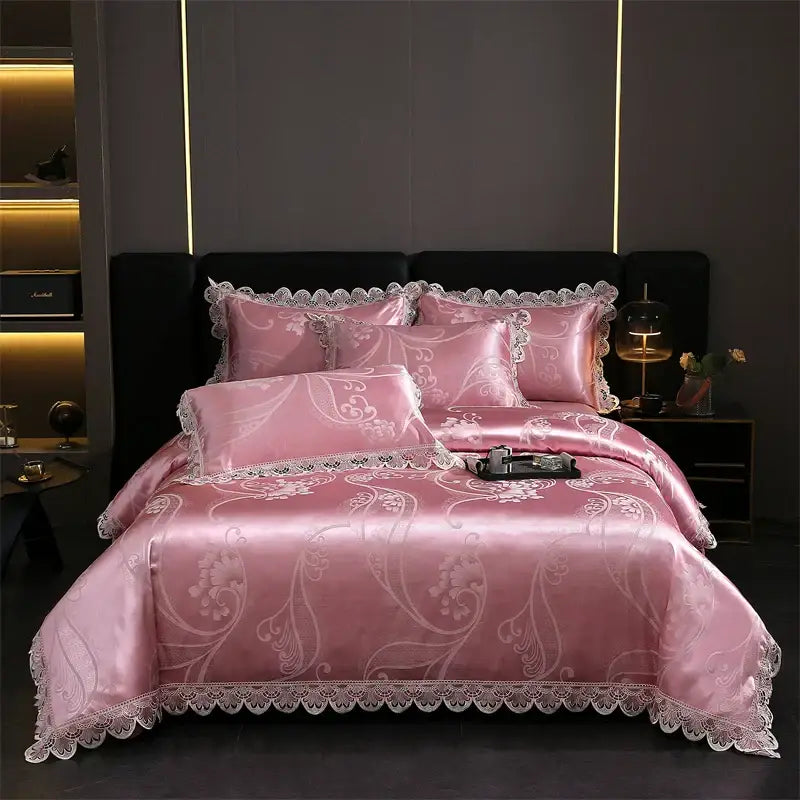 Pink satin bedding set with white floral embroidery and lace trim from decorbites golden jacquard cotton collection