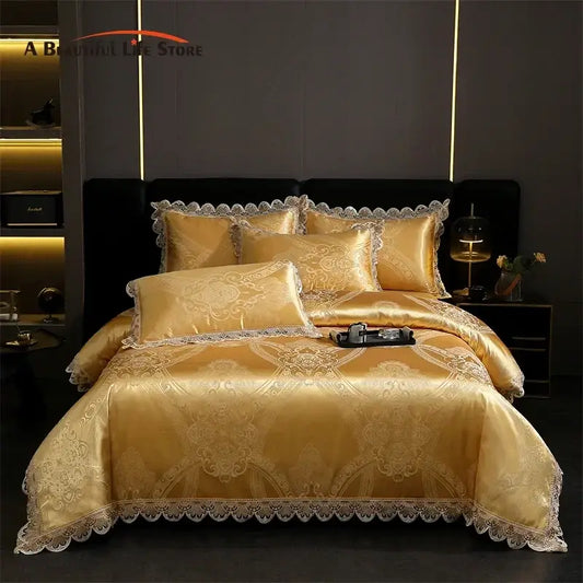 Golden jacquard cotton bedding set featuring intricate lace trim and embroidered floral patterns for elegant decorbites bedroom decor