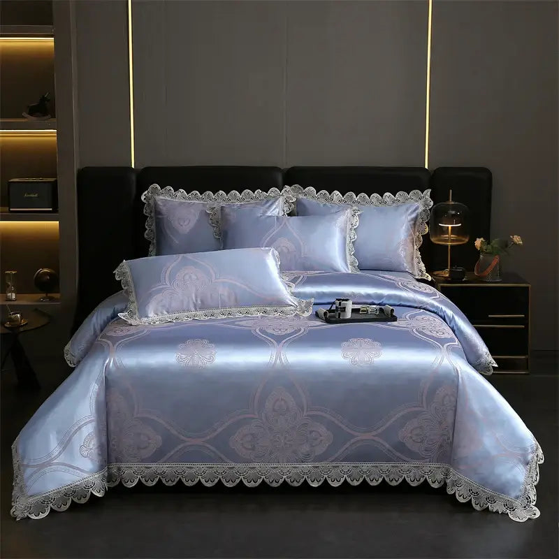 Light blue satin bedding set with silver floral embroidery and white lace trim from decorbites golden jacquard cotton collection