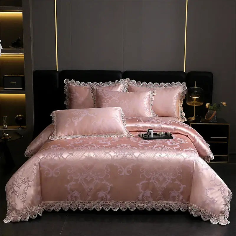 Pink satin bedding set with intricate damask patterns and lace trim from decorbites golden jacquard cotton collection