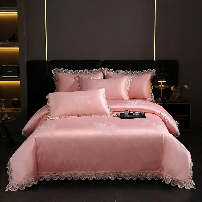 Pink satin bedding set with delicate white lace trim featured in decorbites golden jacquard cotton duvet cover