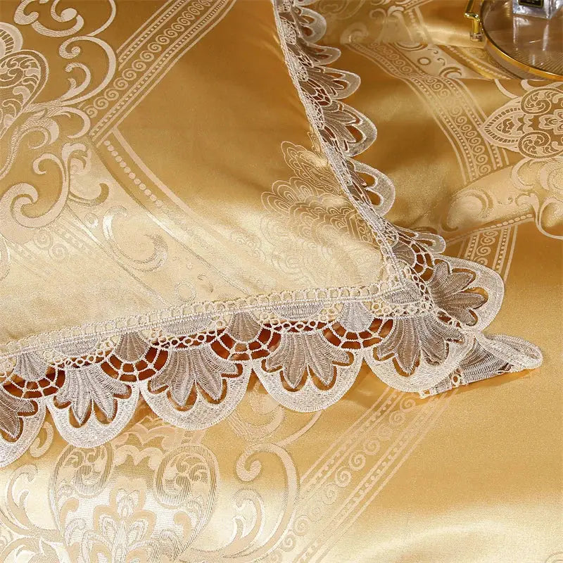 Golden jacquard cotton pillow sham with intricate white lace trim and ornate damask pattern from decorbites bedding set