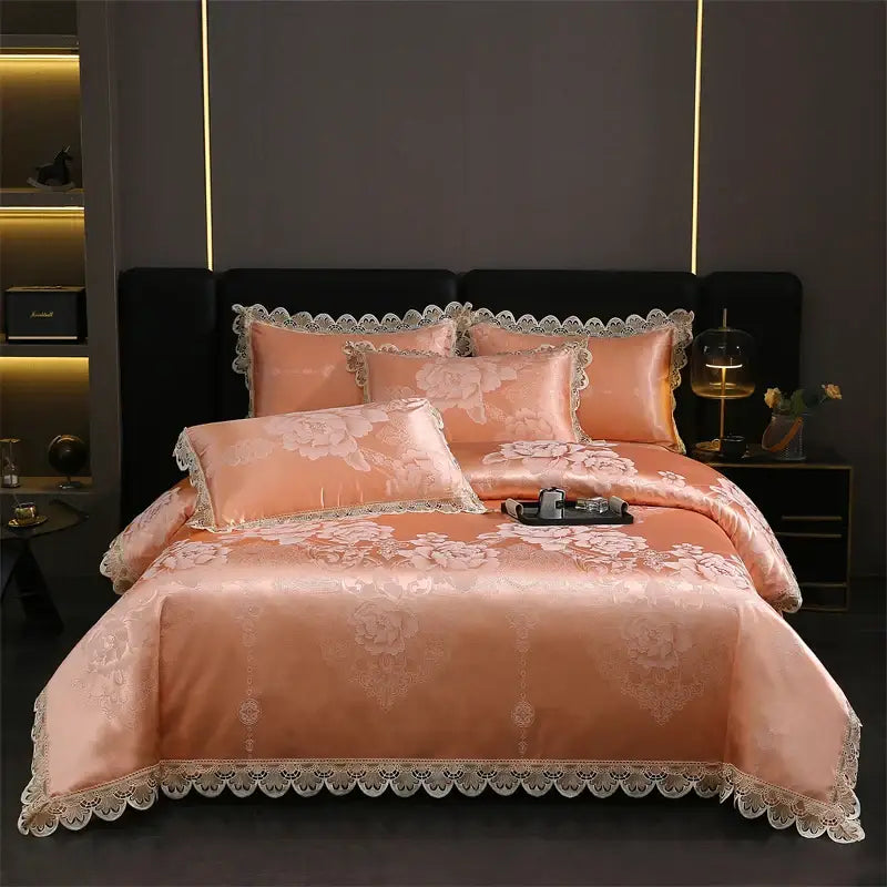 Orchid satin bedding set with white lace trim and floral embroidery made from decorbites golden jacquard cotton