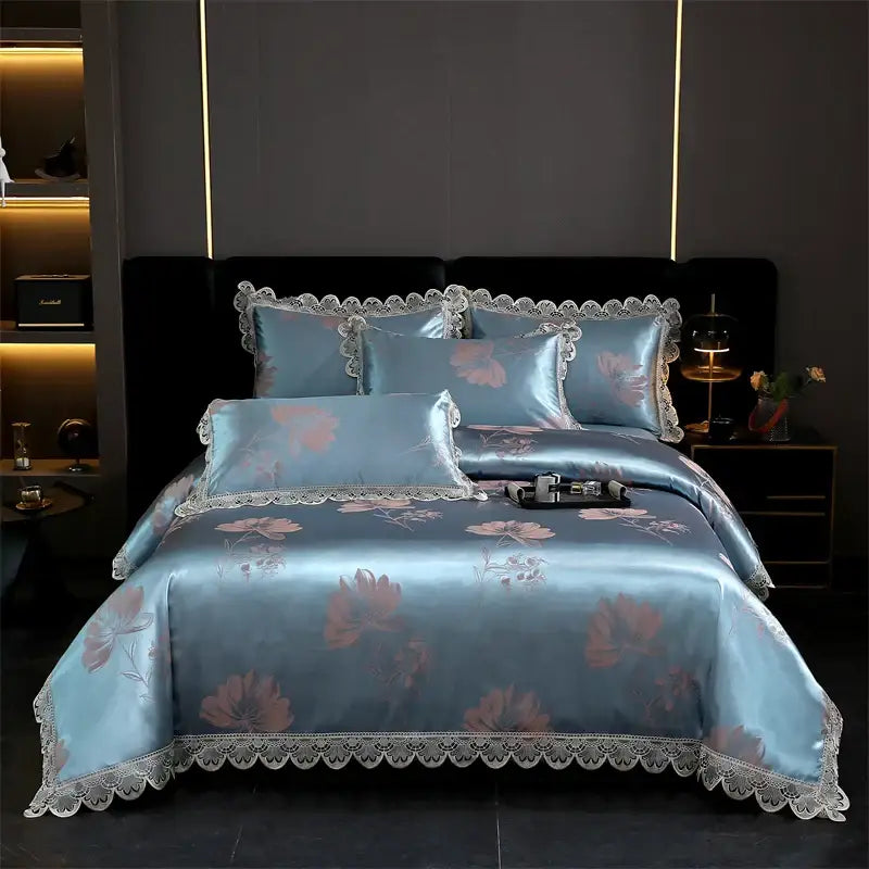 Light blue satin bedding set with pink floral embroidery and lace trim from decorbites golden jacquard cotton collection