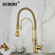 Golden kitchen faucet with flexible ribbed gooseneck spout and white ceramic handle by decorbites for stylish kitchen use