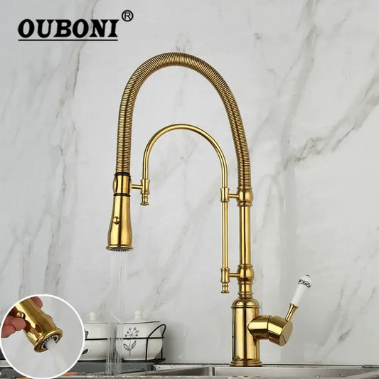 Golden kitchen faucet with flexible ribbed gooseneck spout and white ceramic handle by decorbites for stylish kitchen use