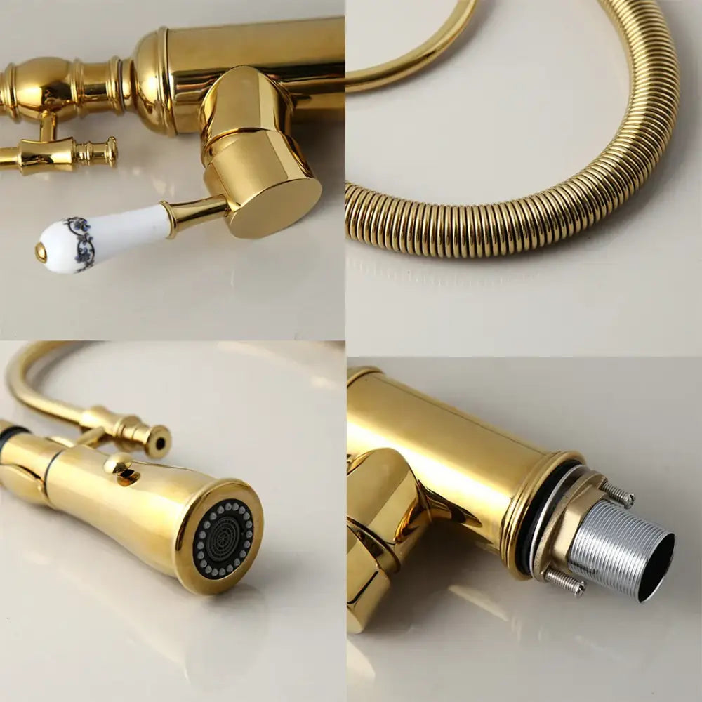 Golden kitchen faucet with white ceramic handle decorated with black patterns and a flexible corrugated hose by decorbites